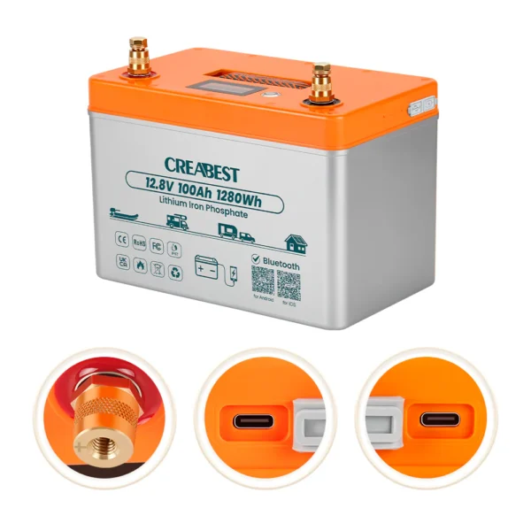lifepo4 akku 100ah 12.8v für wohnmobil und boot mit selbsterwärmung & typ c ladeanschlüssen & wasserdicht ip67 & bluetooth
