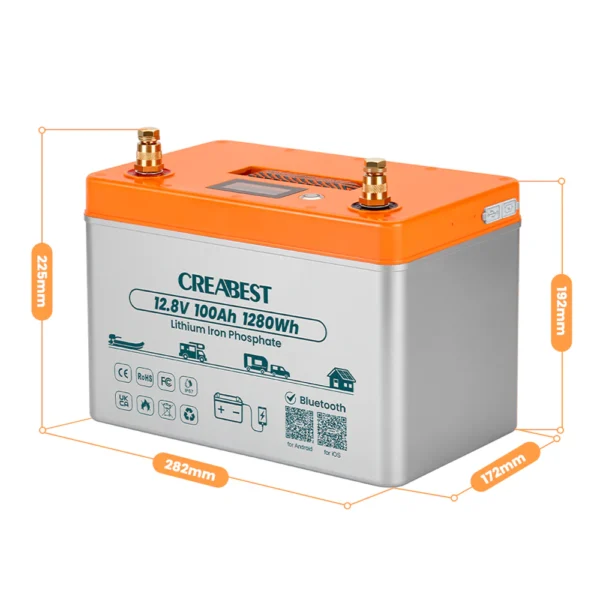 lifepo4 akku 100ah 12.8v für wohnmobil und boot mit selbsterwärmung & typ c ladeanschlüssen & wasserdicht ip67 & bluetooth
