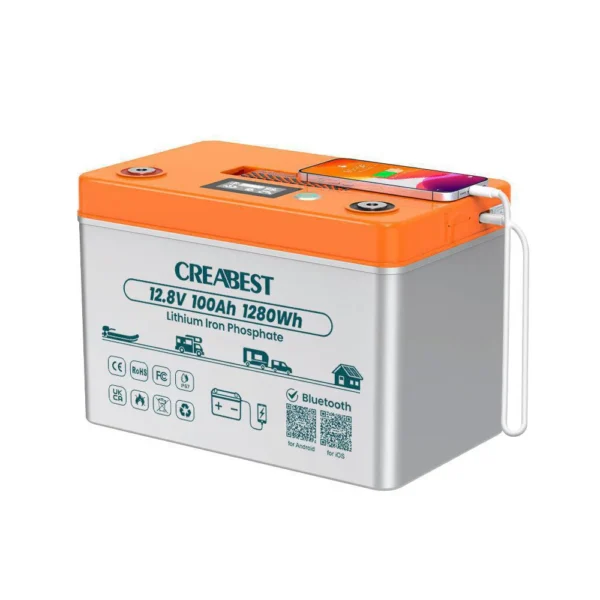 lifepo4 akku 100ah 12.8v für wohnmobil und boot mit selbsterwärmung & typ c ladeanschlüssen & wasserdicht ip67 & bluetooth
