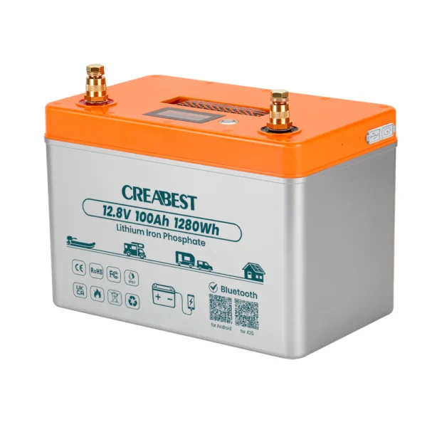 lifepo4 akku 100ah 12.8v für wohnmobil und boot mit selbsterwärmung & typ c ladeanschlüssen & wasserdicht ip67 & bluetooth